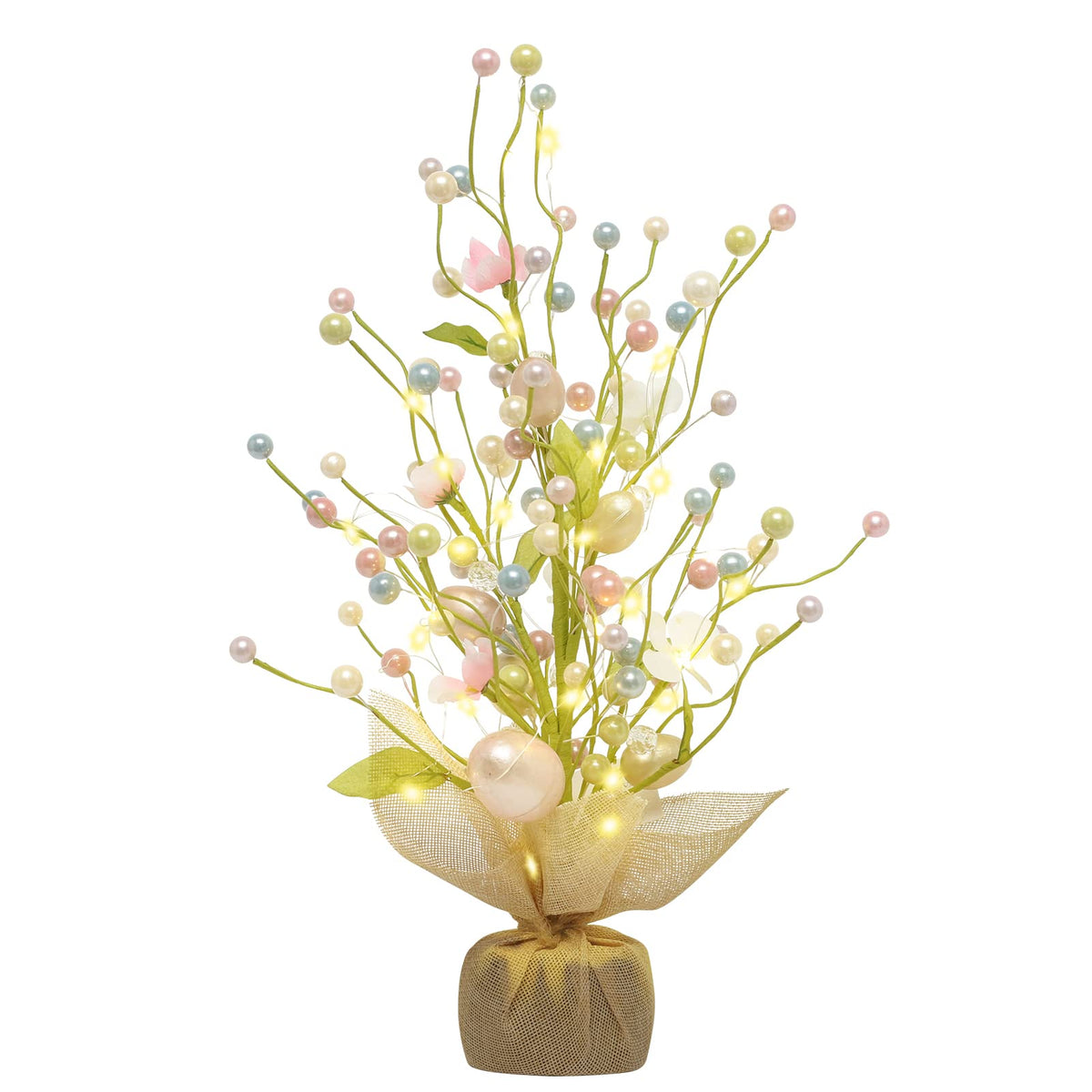 RoseCraft Easter Decorations 18 Inch Pre-Lit Easter Egg Tree Tabletop Decor with Delicate Ornaments for Home Party Wedding Holiday Spring Summer Decoration Green/White/Pink.