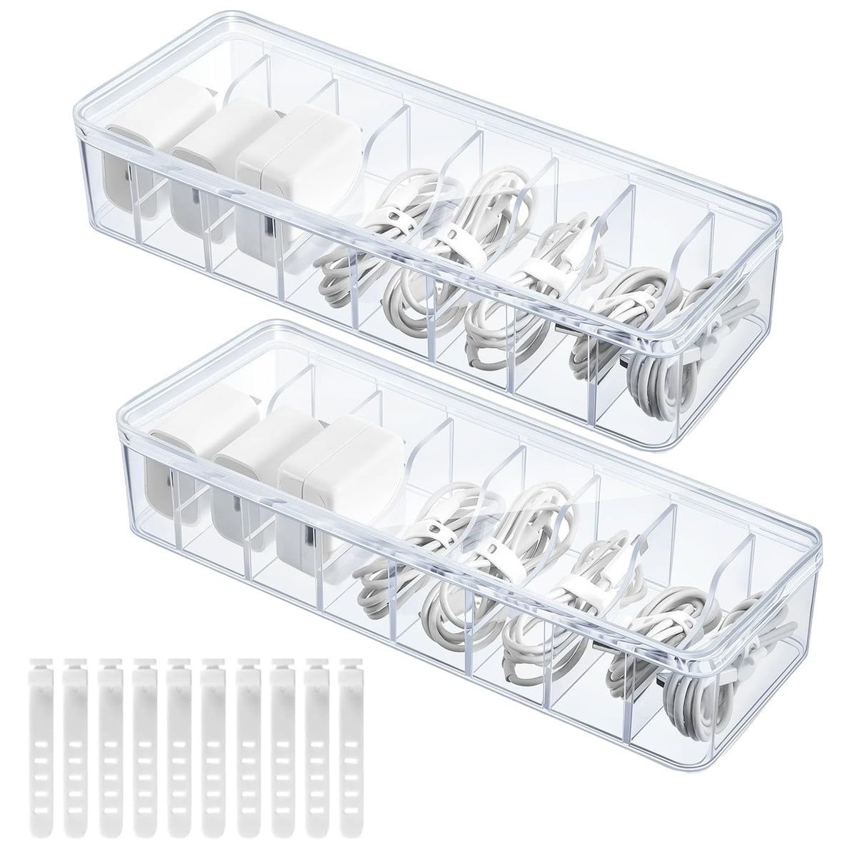 2 Pack Plastic Cord Organizer Box with 20 Wire Ties Electronics Accessories Storage Case Clear Cell Phone Cord Storage Organizer with 8 Compartments for Home Office Desk Organizers and Accessories