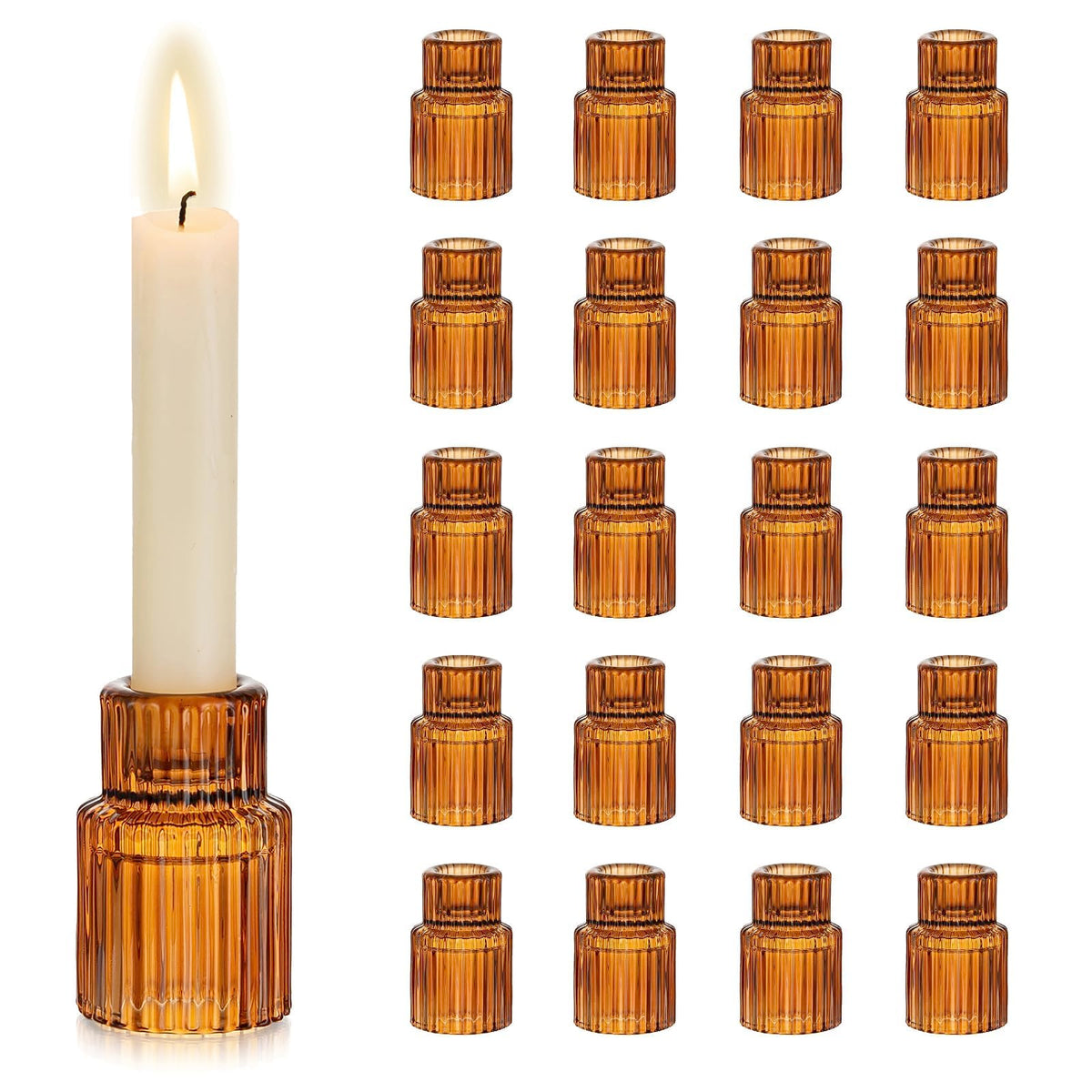 Hewory Glass Taper Candle Holders: 20 PCS Amber Elegant Candle Holder Candlestick Holders Bulk Ribbed Glass Candle Holder Candle Sticks Holder Decor for Table Centerpiece Fall Thanksgiving Home Decor