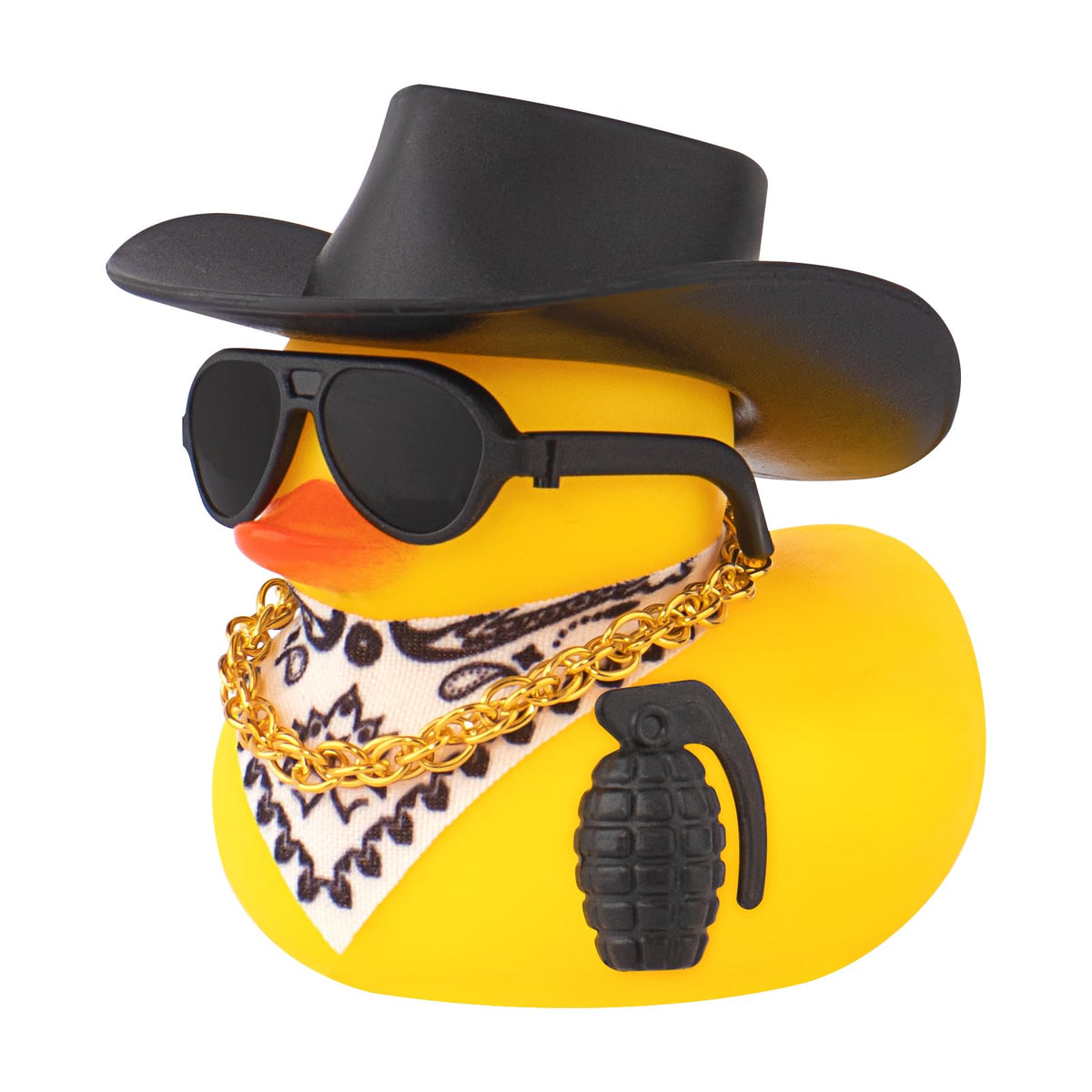 wonuu Small Rubber Duck with Mini Sunglasses Black Cowboy Hat Bandana Necklace Plastic Accessories for Car Ornament Home Decor Desk Decoration Assemble Needed Grenade