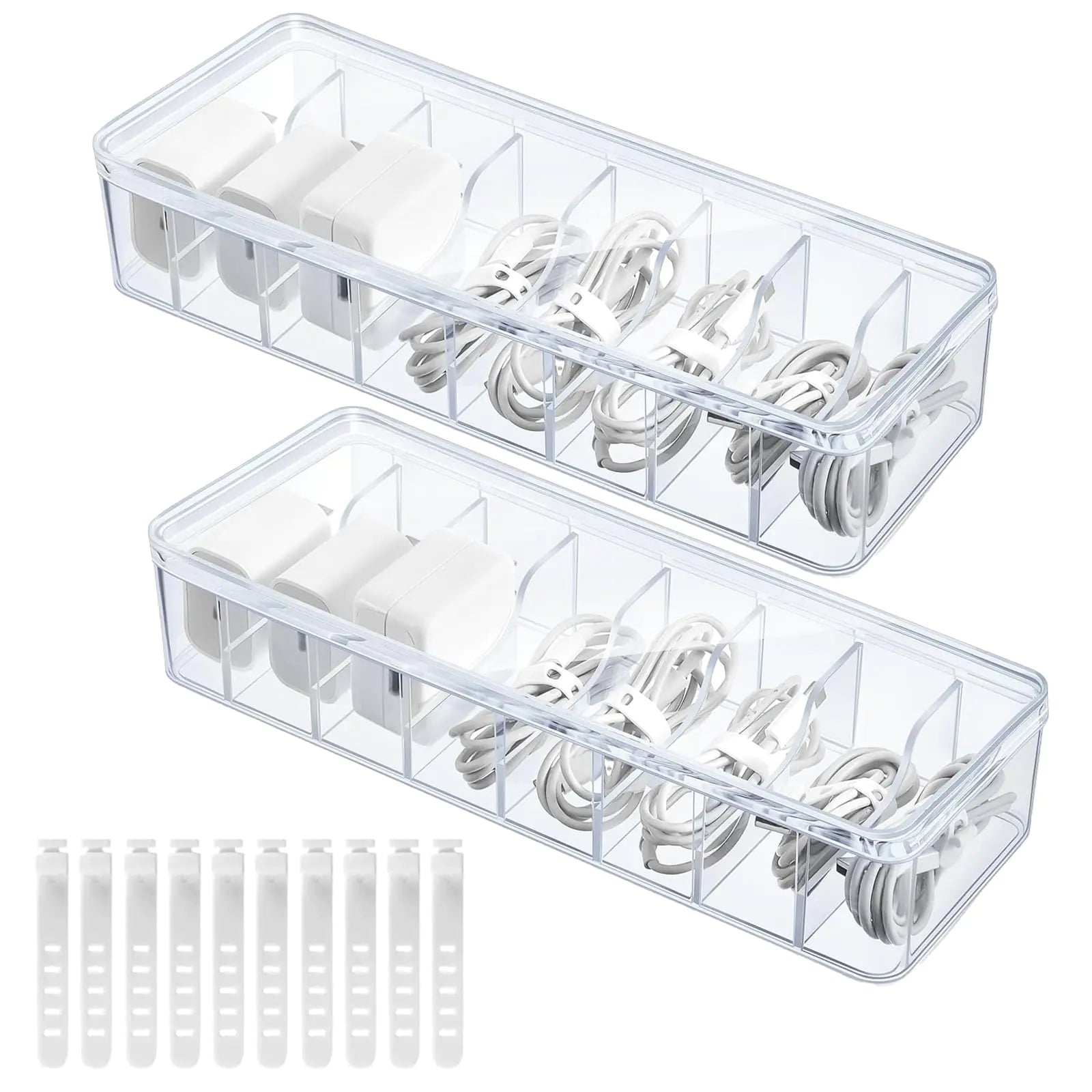 2-Pack Clear Cord Organizer Boxes with 8 Compartments & 20 Wire Ties – Electronics Storage for Home & Office